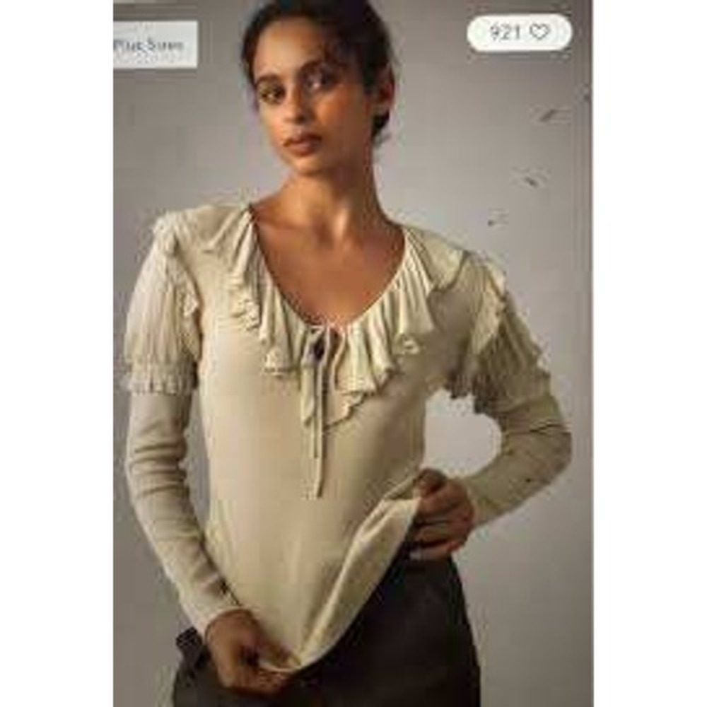 Anthropologie Sage Green Ribbed Ruffle Tie Front Puff Sleeve Knit Top Small